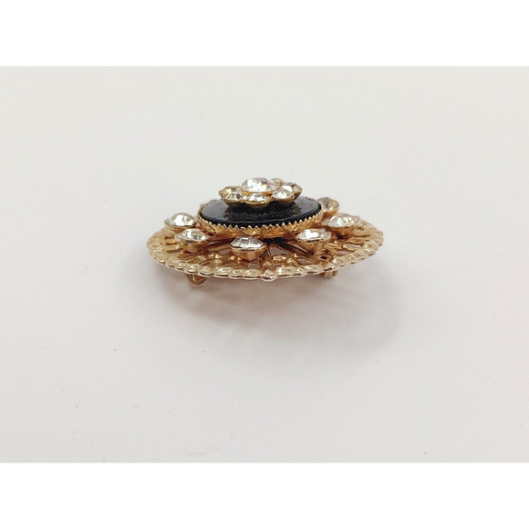 Vintage Flower Brooch Pin Black Gold-Tone Rhinestone Victorian - Picture 3 of 11